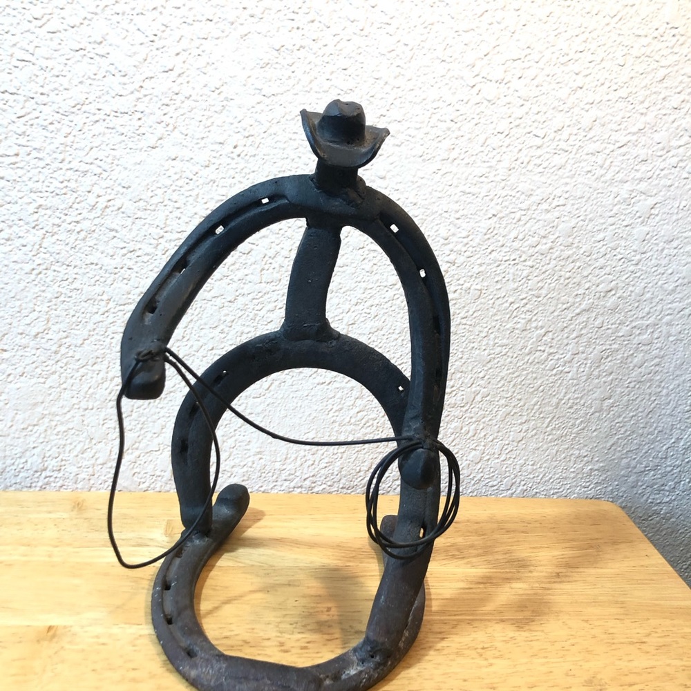 Horseshoe Cowboy Art Welded Statue 10.5” Vintage Western Sculpture Handm…